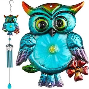 NEW OWL WIND CHIME INDOOR OUTDOOR 31" METAL GLASS MUSIC